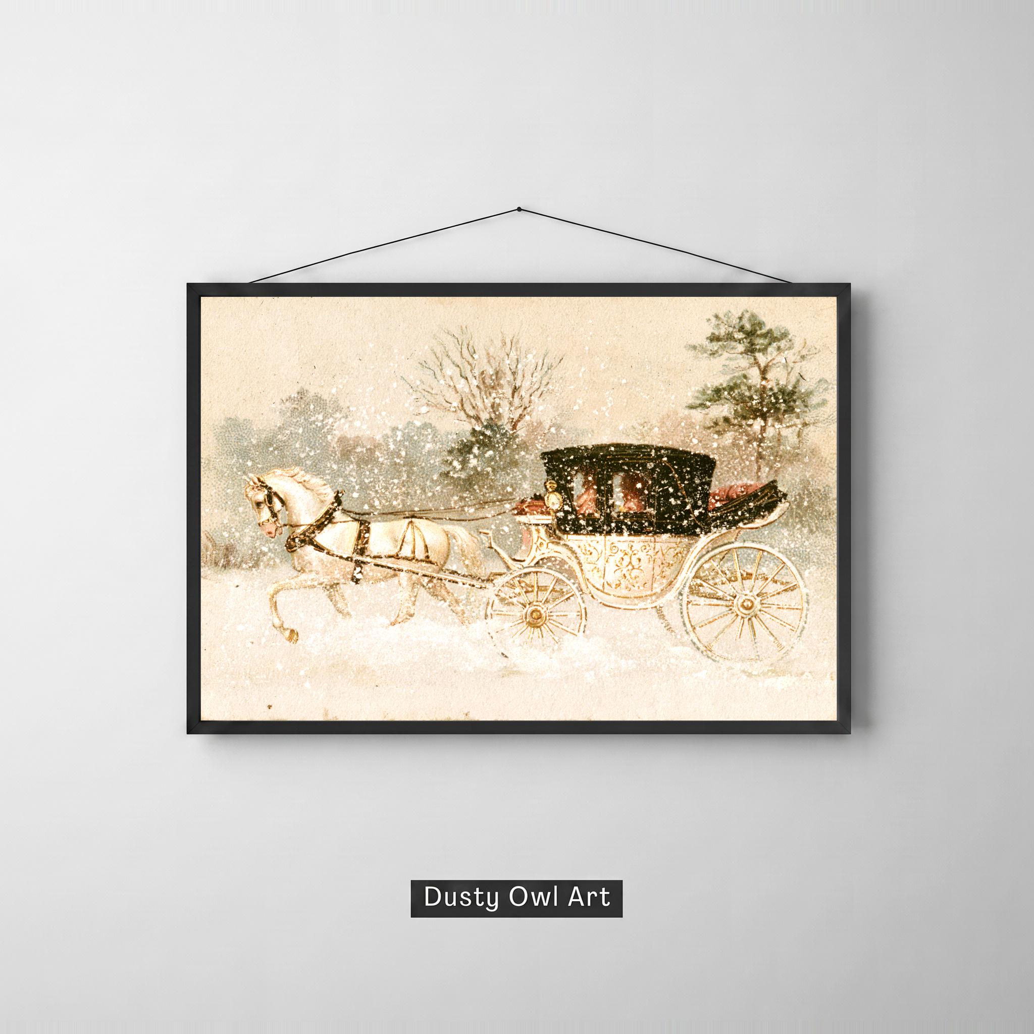 Christmas Horse Carriage Wall Art | Vintage Snowy Winter Print | Victorian Holiday Digital Download | Printable Decor