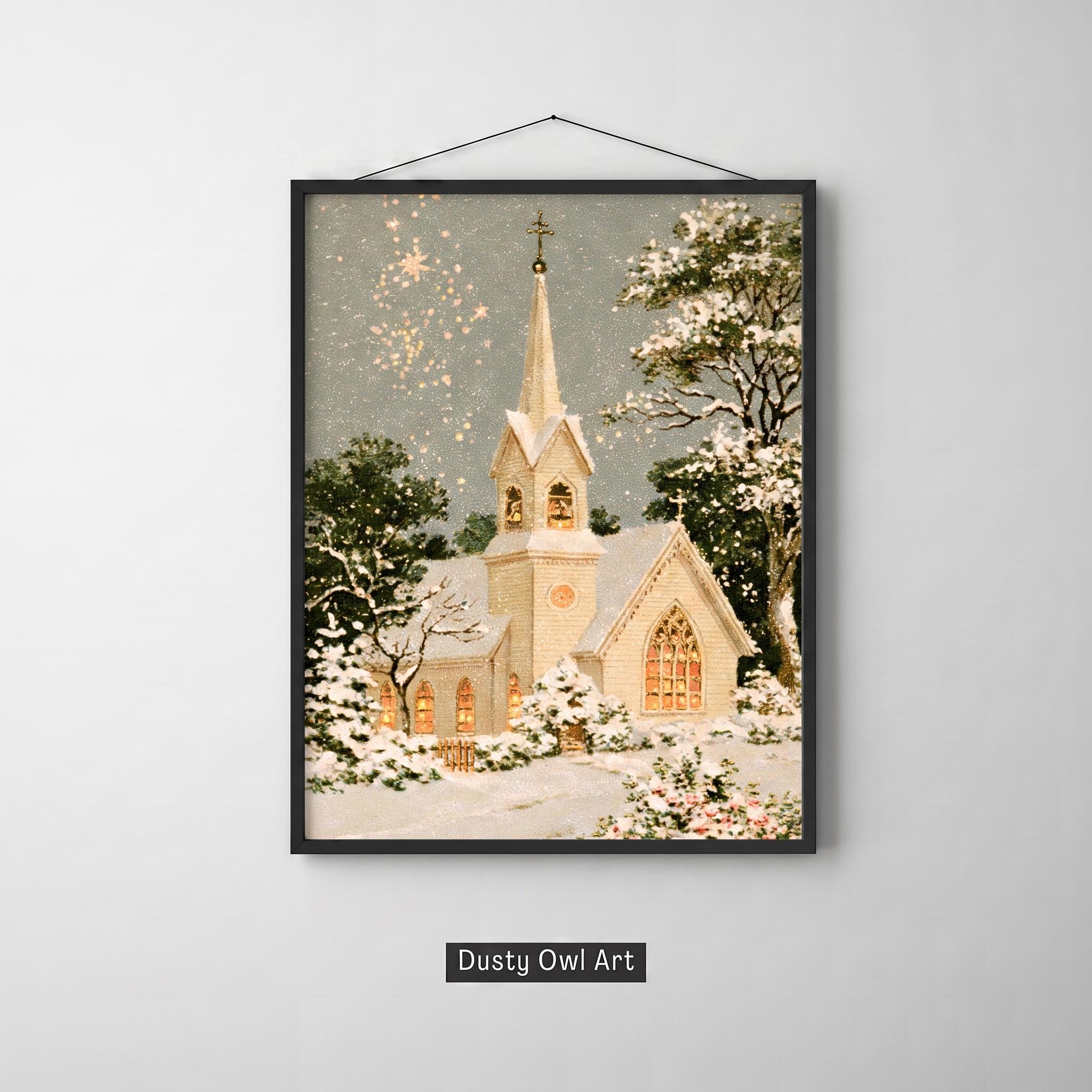 Victorian Christmas Church Wall Art | Vintage Gothic Snowy Church Print | Printable Holiday Decor Digital Download